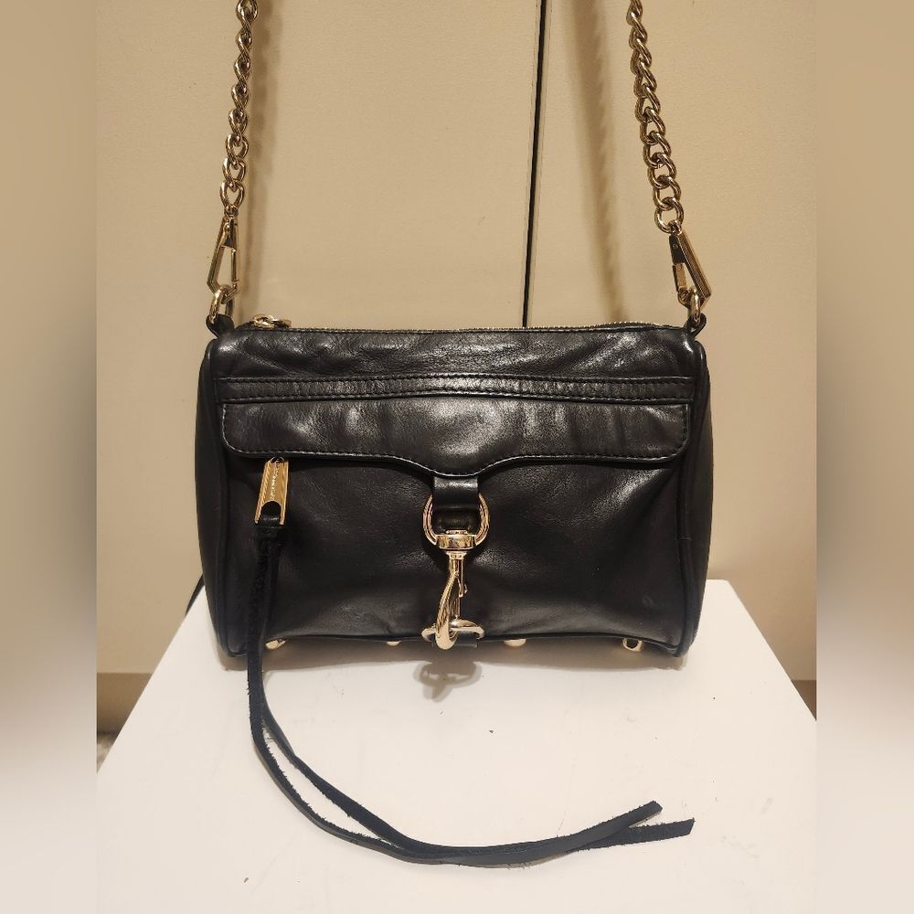 Rebecca Minkoff "Mini Mac" Black Leather Crossbody Bag Gold Hardware Retail $198